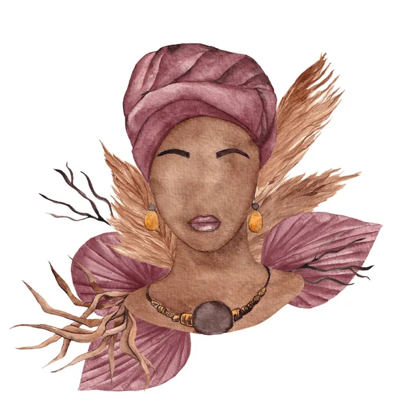 Акварель Современной Иллюстрации Африканским Портретом Женщины Сушеные Цветы Листья Изолированные — стоковое фото