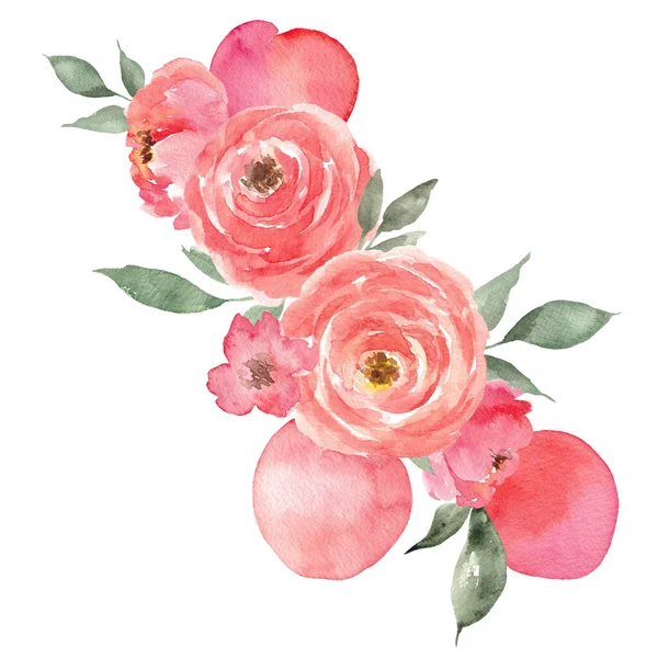 Watercolor Bouquet Peach Flowers Leaves Isolated White Background — Stock Photo, Image
