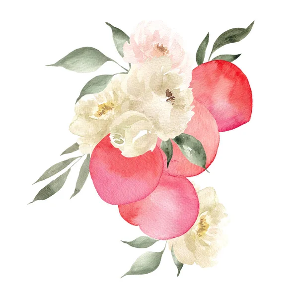 Akwarela Bukiet Brzoskwiniowych Kwiatów Liści Izolowane Białym Tle — Zdjęcie stockowe
