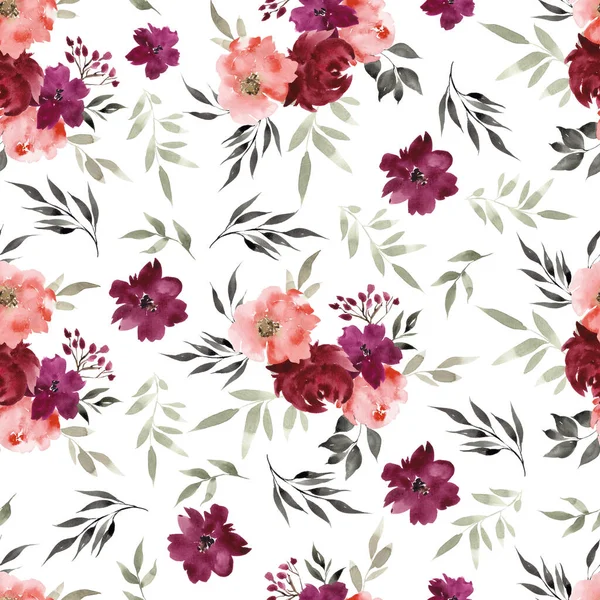 Seamless Pattern Flowers Leaves Watercolor Background — Stock Photo, Image