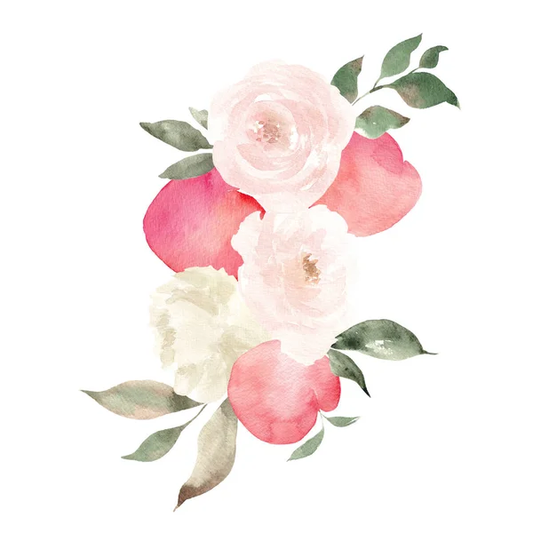 Watercolor Bouquet Peach Flowers Leaves Isolated White Background — Stock Photo, Image