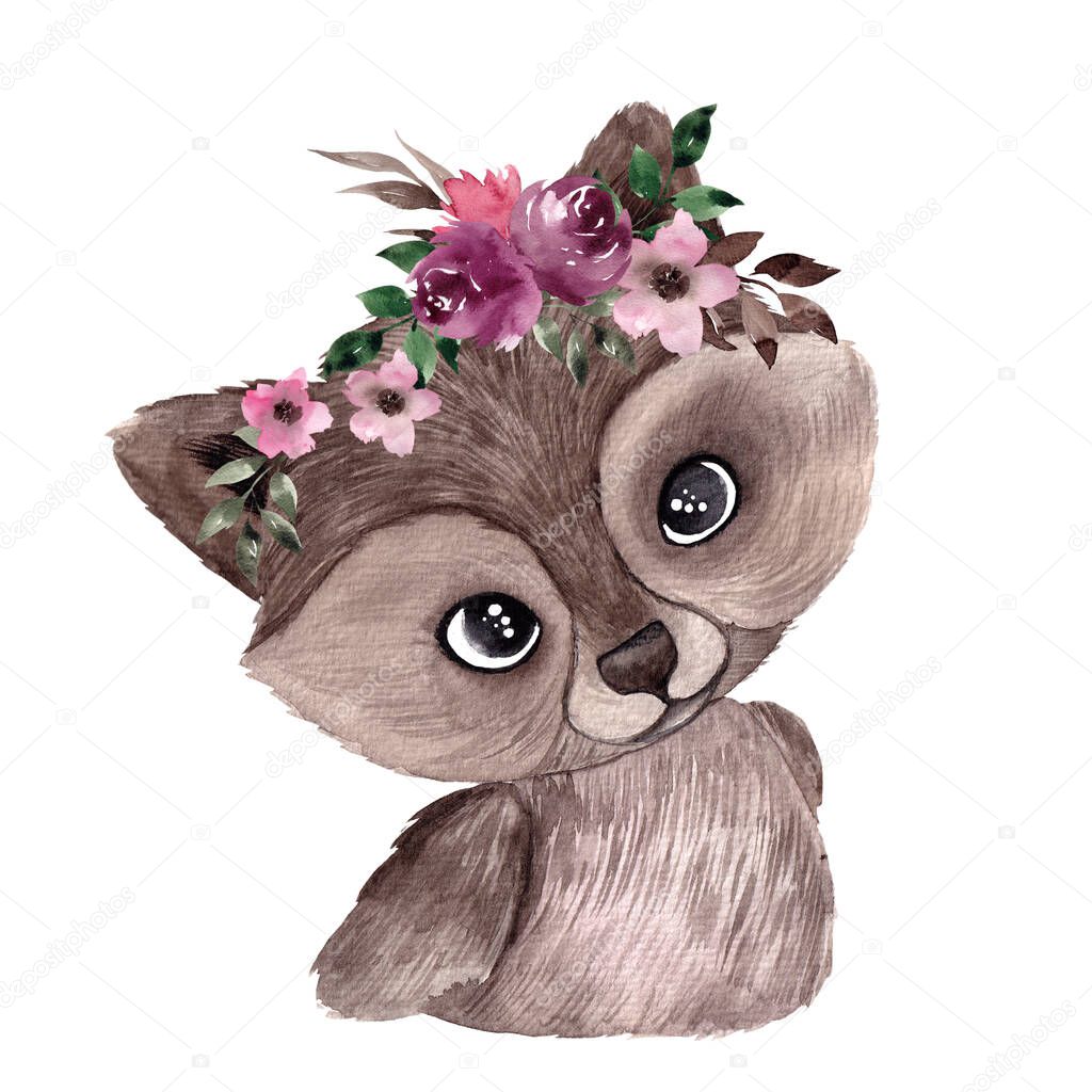 Watercolor illustration with cute raccoon with delicate flowers and leaves, hand draw animal and floral element, isolated on white background