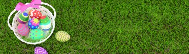 Yeşil bir alanda sepetteki Paskalya yumurtaları (Bilgisayar tarafından oluşturulan resim))