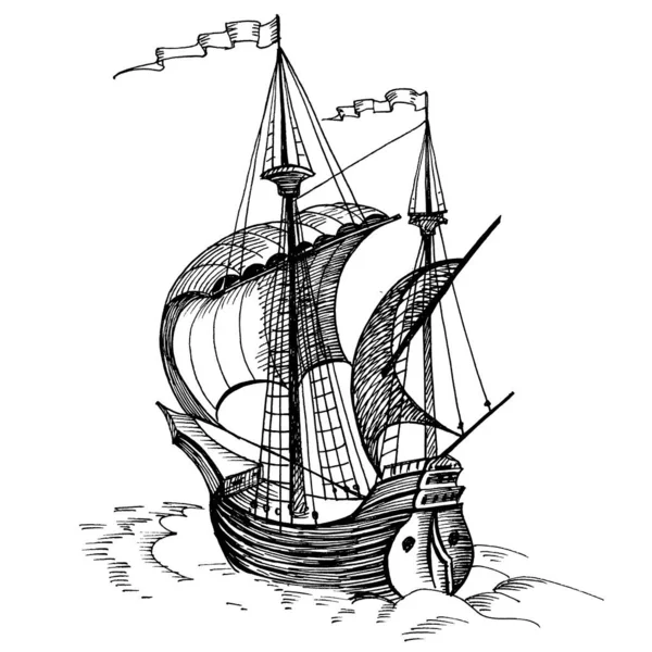 Old caravel, vintage sailboat. Hand drawn sketch. Detail of the old geographical maps of sea