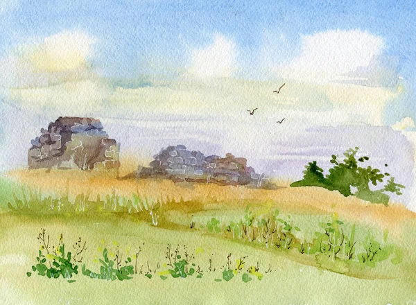 Watercolor landscape with the ruins of the tower. Ruins of the old fortress, Inkerman, Sevastopol, Crimea