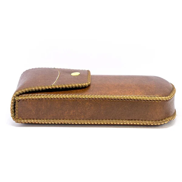 Genuine leather glasses case on white background isolated