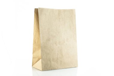 Beyaz arka planda yiyecek torbası, karton kutu, depo, boş, beyaz paket.