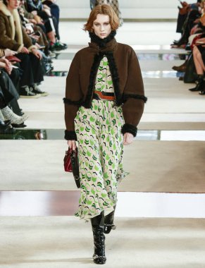 New York, New York - 08 Şubat 2020: Kaila Wyatt Longchanp Kış 2020 Moda Gösterisinde podyumda yürüyor