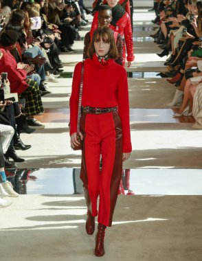 New York, New York - 08 Şubat 2020: Evelyn Nagy Longchanp Sonbahar Moda Gösterisi 'nde podyumda yürüyor