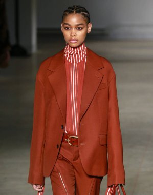 New York, New York - 09 Şubat 2020: Blesnya Minher Zadig & Voltaire Fall Winter 2020 Moda Gösterisinde podyumda yürüyor