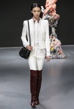 New York, NY - February 09, 2020: Sora Choi walks the runway at Tory Burch Fall Winter 2020 Fashion Show clipart