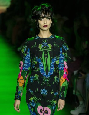 New York, New York - 10 Şubat 2020: Cristina Piccone, Anna Sui Güz Kış Moda Gösterisi 'nde podyumda yürüyor