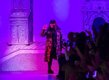 New York, New York - Feb. 10, 2020: Designer Anna Sui walks the runway at Anna Sui Fall Winter 2020 Fashion Show