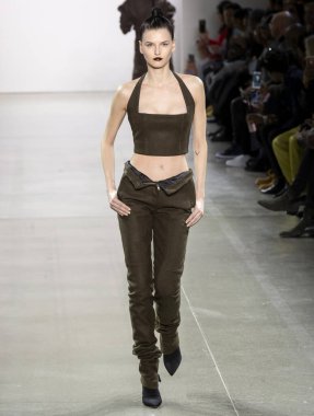 New York, New York - 08 Şubat 2020: Katlin Aas LaQuan Smith Güz Kış Şovu 'nda podyumda yürüyor