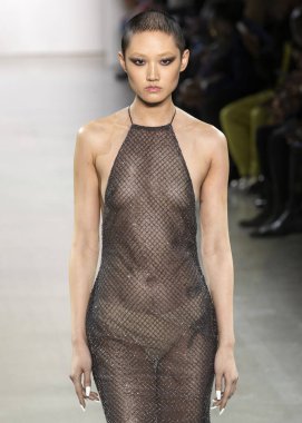 New York, New York - Şubat 08, 2020: Ash Foo LaQuan Smith Güz Kış Şovu 'nda podyumda yürüyor