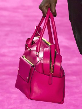 New York, New York - Şubat 06, 2020: Christian Siriano Sonbahar Moda Şovu 2020 'de bir model (çanta detayı) podyumda yürüyor