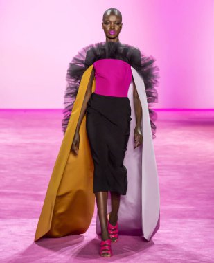 New York, New York - Şubat 06, 2020: Nykhor Paul Christian Siriano Sonbahar Moda Şovu 'nda podyumda yürüyor