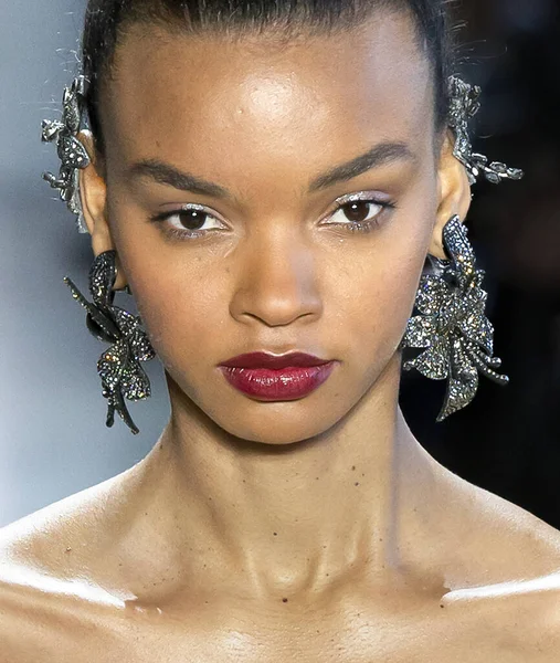 New York, New York - 08 Şubat 2020: Djenice Duarte Silva Badgley Mischka Kış Şovu 'nda podyumda yürüyor