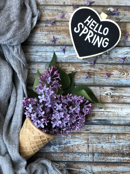 Concept Waffle Cone Purple Lilac Flwoers Hello Spring Chalkboard — Stock Photo, Image
