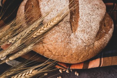 Masanın üzerinde buğday ve taze ekmek var.