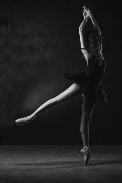 芭蕾舞蹈演员在室内脚趾头上跳着舞 背景低低的 — 图库照片