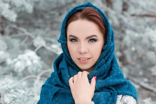 Portret van een mooi leuk roodharige meisje in het winter forest Stockfoto