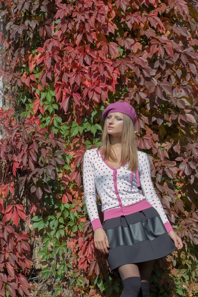 美丽可爱的女孩，在一顶贝雷帽和一条裙子走之间的亮红色的树叶在秋天公园阳光灿烂的日子 — 图库照片