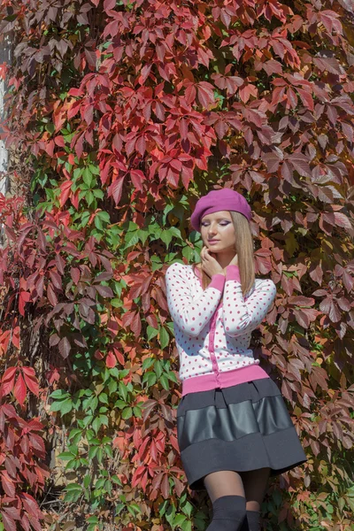 Piękna dziewczyna słodkie w beret i spódnica spacery wśród jasny czerwony kolor liści w jesień w parku za jasny słoneczny dzień — Zdjęcie stockowe
