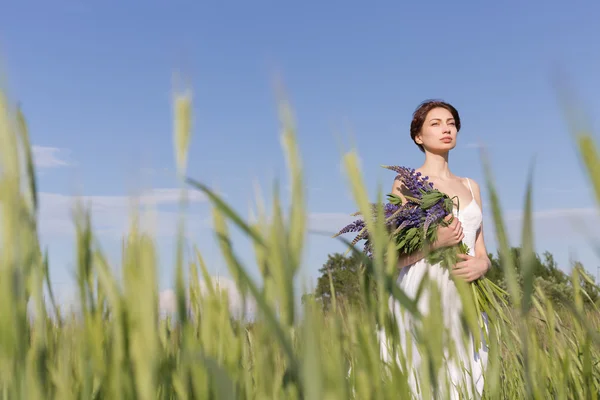 Hermosa chica dulce con un pelo trenzado en un vestido de verano blanco caminando en un campo con un ramo de flores de altramuz púrpura — Foto de Stock