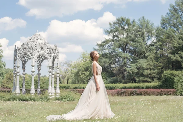 Linda jovem noiva macia em seu vestido de noiva suave ar caminha no jardim exuberante em um dia quente de verão ensolarado Fotografia De Stock