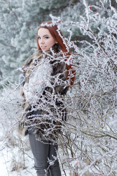 Mooie zachte meisje met rood haar in een bont vest permanent in een besneeuwde forest met iniem op de takken van bomen — Stockfoto