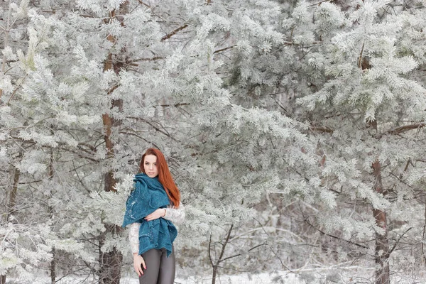 Красивая рыжеволосая девушка с шарфом на плечах, прогуливающаяся по зимнему лесу с затихшими соснами и деревьями — стоковое фото