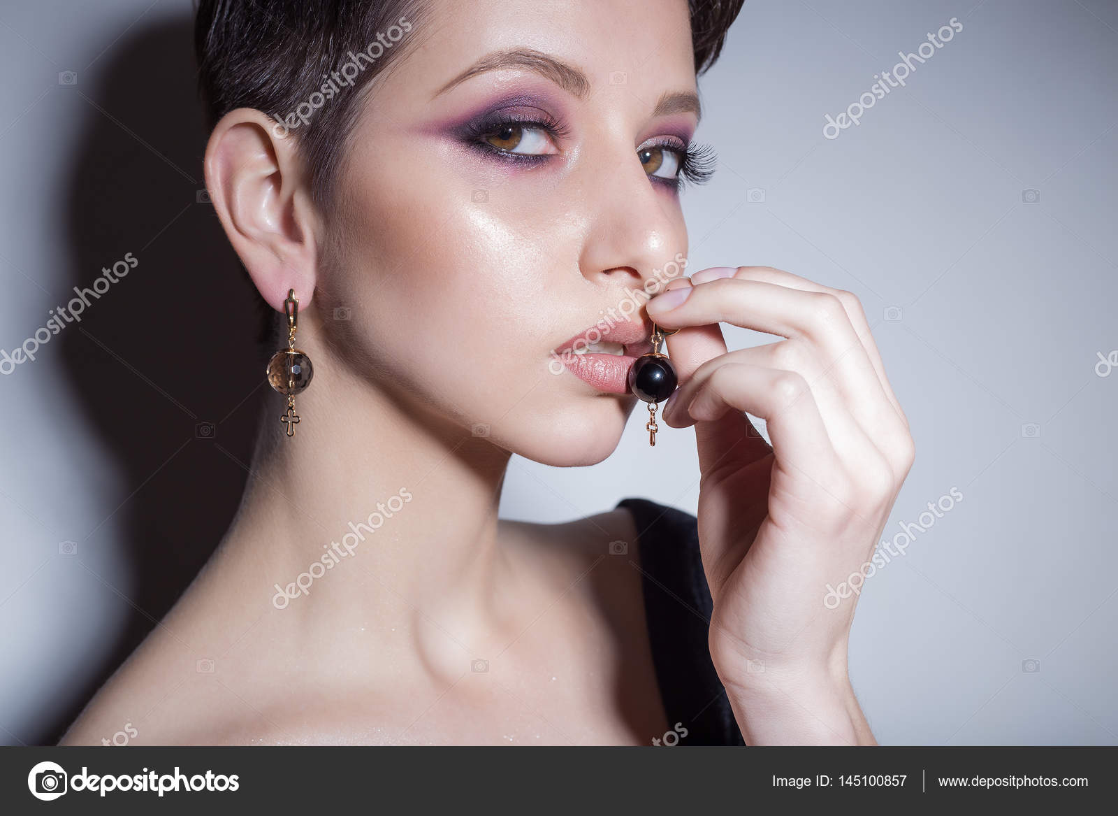 Beautiful Sexy Sensual Young Girl With Short Hair With Bright