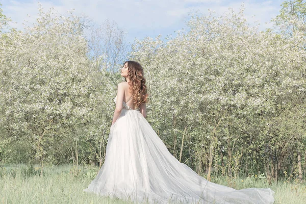 Hermosa novia chica dulce en un tierno vestido de novia de aire en un floreciente jardín de primavera en los rayos de luz solar al atardecer. Bellas artes estilo — Foto de Stock