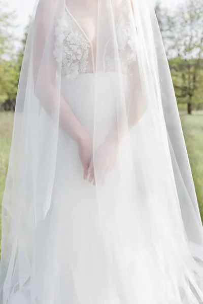 Красивая милая девушка невеста в мягком воздухе свадебные платья вуаль в цветущем весеннем саду в лучах солнечного света на закате. Изысканный стиль — стоковое фото