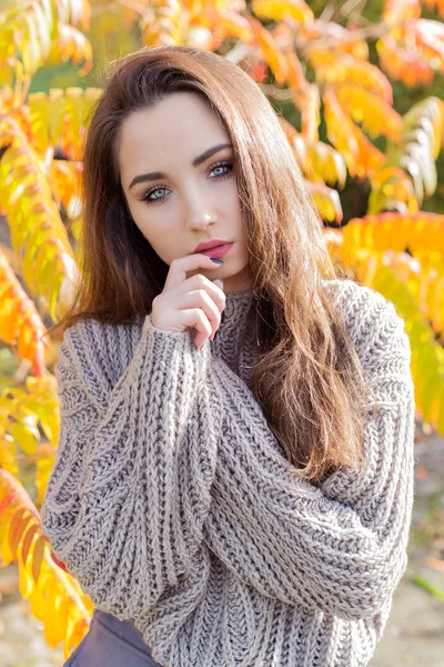 Piękna młoda dziewczyna w jesiennych liści spacery po ulicach miasta w słoneczne popołudnie w płaszcz i ciepłą kurtkę — Zdjęcie stockowe