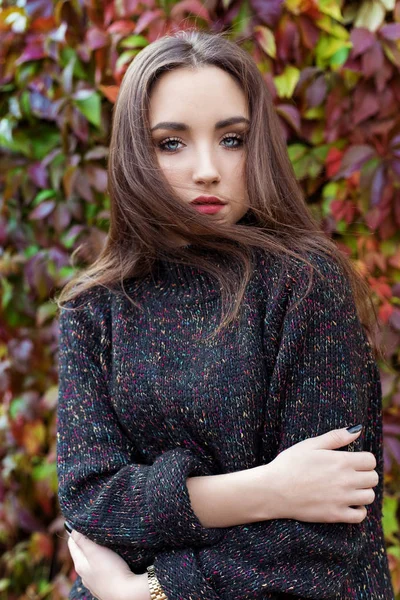 Hermosa joven en el follaje de otoño pasea por las calles de la ciudad en una tarde soleada con un abrigo y una chaqueta caliente —  Fotos de Stock