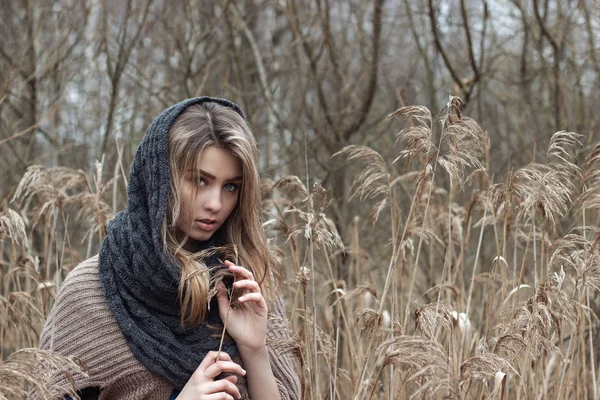 Bela menina triste está andando no campo. Foto em tons castanhos . — Fotografia de Stock