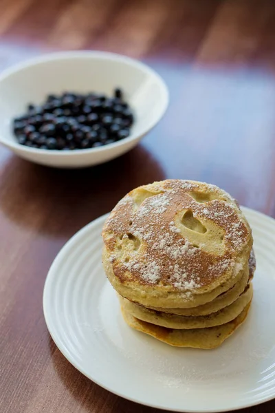 Pancakes Berries Powdered Sugar White Plate Table — Stock Photo, Image