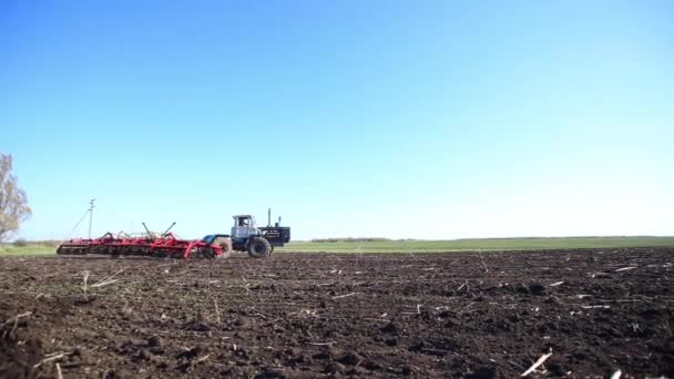 Traktor mit Grubber fährt im Frühjahr aufs Feld — Stockvideo