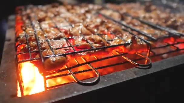 Pork, beef meat is fried on grills — Stock Video
