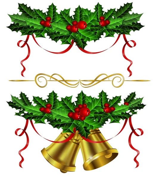 Ensemble de cloches de Noël dorées avec houx — Image vectorielle