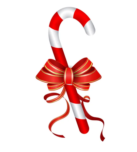 Canna di caramella di Natale con arco rosso — Vettoriale Stock