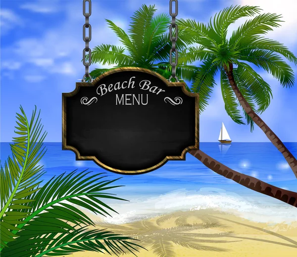 Summer wooden sign on tropical beach background — Stock Vector