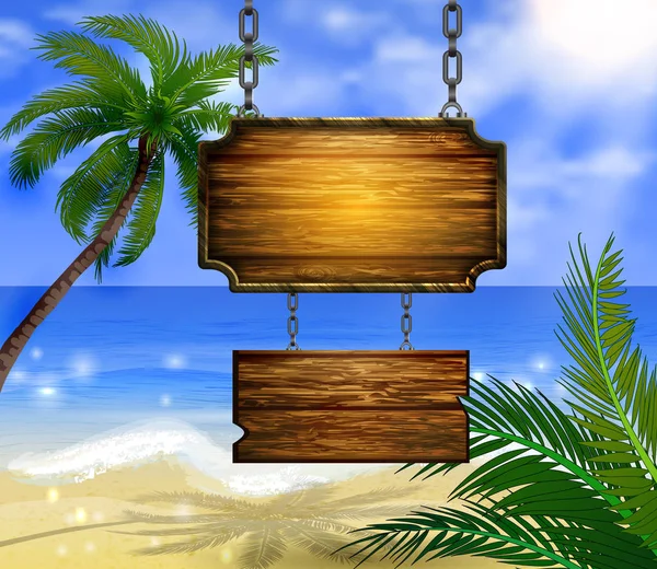 Sommer Holzschild auf tropischem Strand Hintergrund — Stockvektor