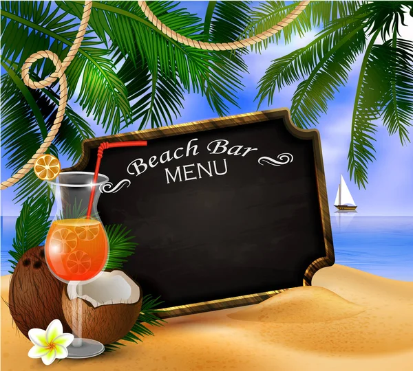 Summer wooden sign on tropical beach background — Stock Vector