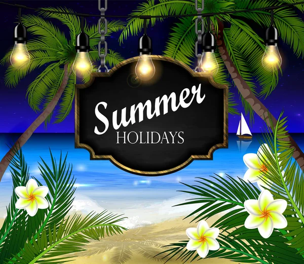 Panneau en bois d'été sur fond de plage tropicale — Image vectorielle