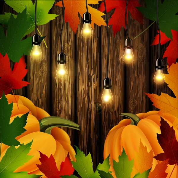 Herbstblätter und Kürbisse auf hölzerner Textur — Stockvektor