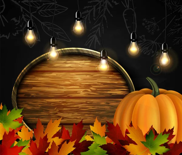 Kreidetafel mit Herbstlaub und Kürbissen — Stockvektor