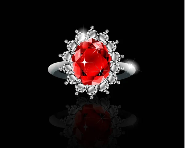 Złoty pierścionek z ruby i diamenty — Wektor stockowy